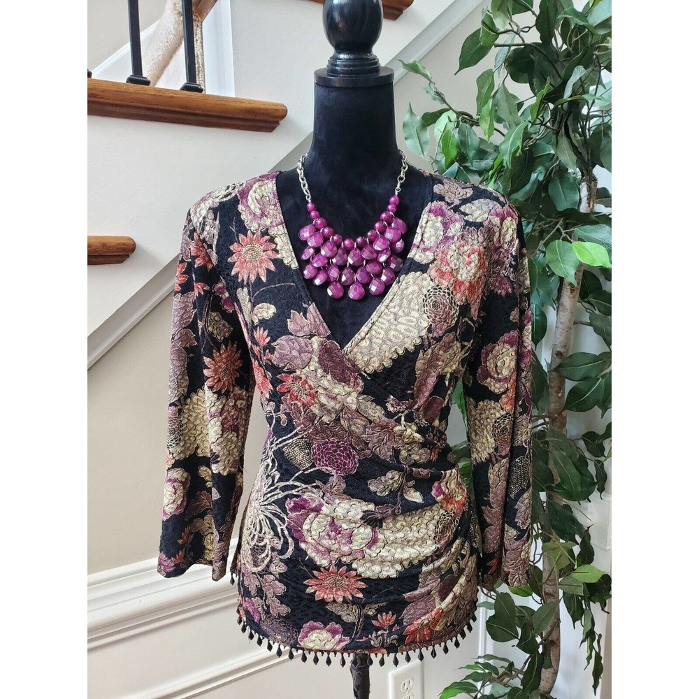 MSK Womens Black Floral Polyester Long Sleeve V Neck Casual Top Blouse Size L - Picture 11 of 11